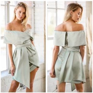 Lulu’s Always Celebrating Sage Green Satin Off-the-Shoulder Mini Dress